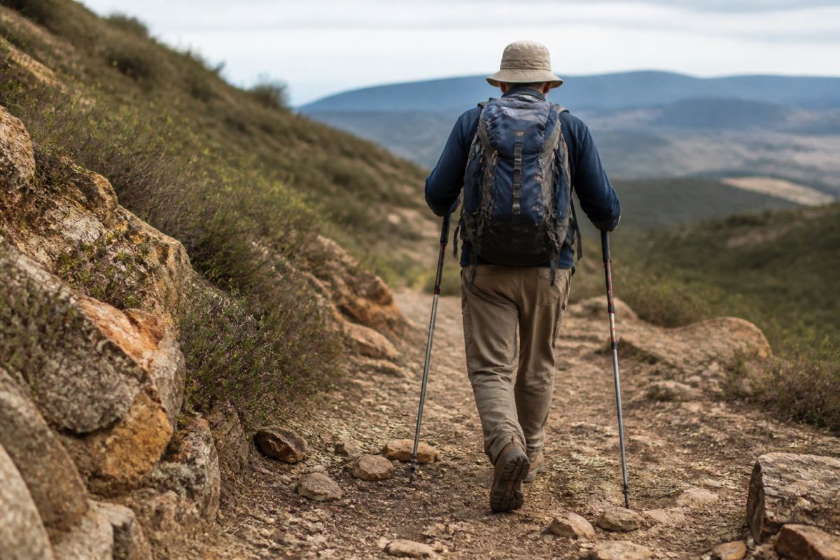 Sac a dos, bottes et batons sur sentier