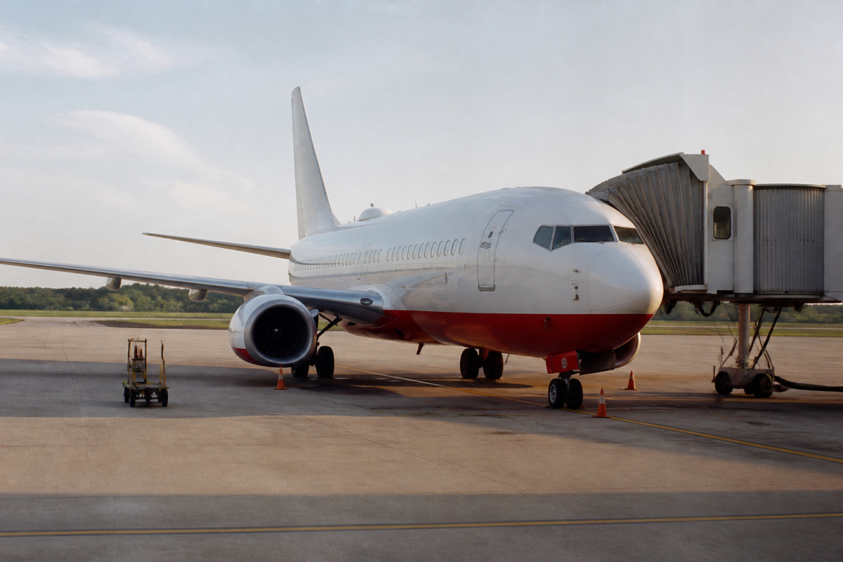 Avion blanc et rouge sur tarmac, passerelle d'embarquement visible