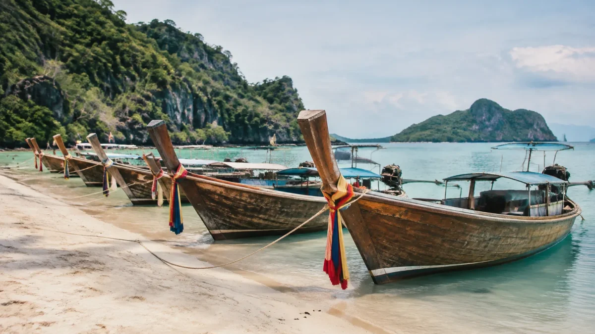 Bateaux longtail en bois alignés sur sable blanc