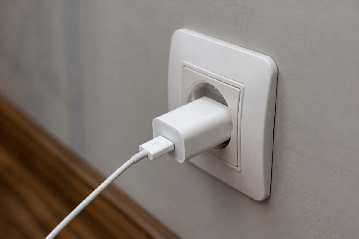 Chargeur blanc de smartphone branche sur prise murale