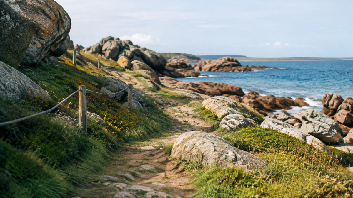 Chemin de cote entre rochers granitiques et mer