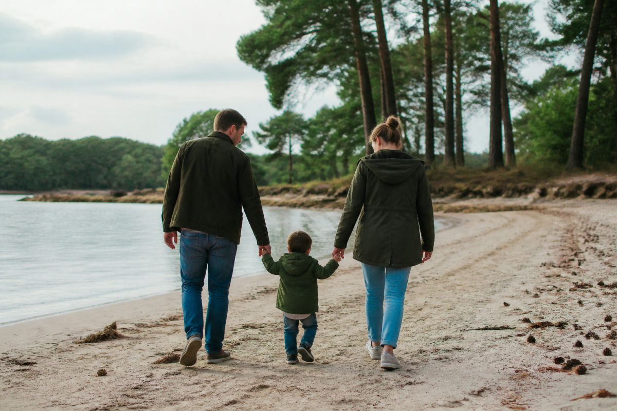 Famille marchant sur une plage calme bordee de pins