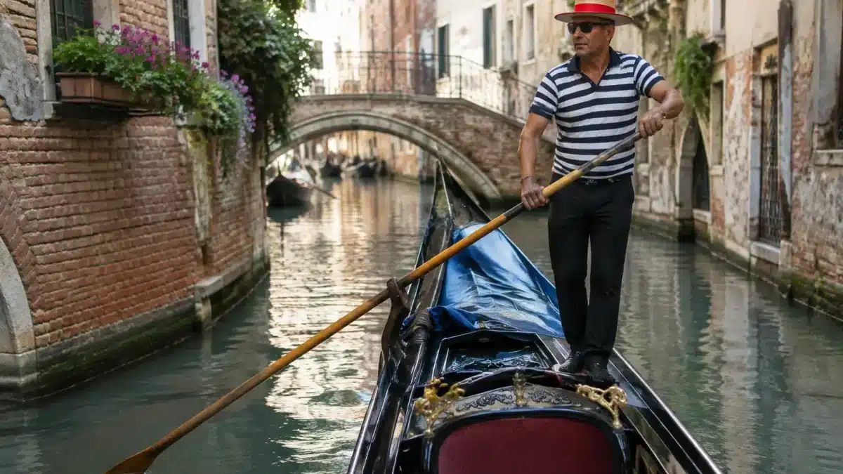 gondolier debout a la poupe ramant sur un canal