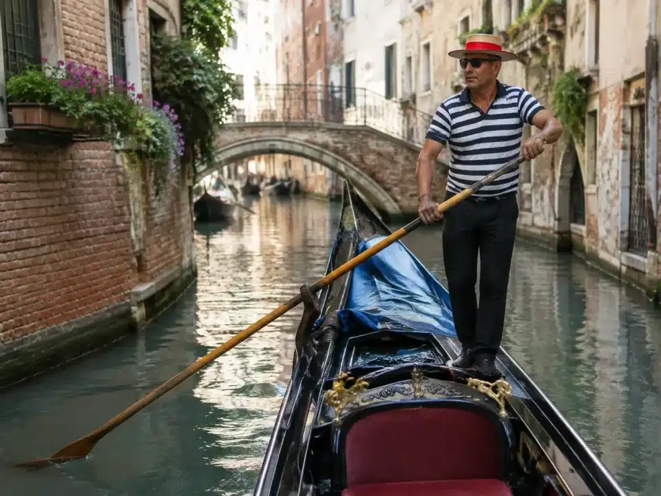 gondolier debout a la poupe ramant sur un canal
