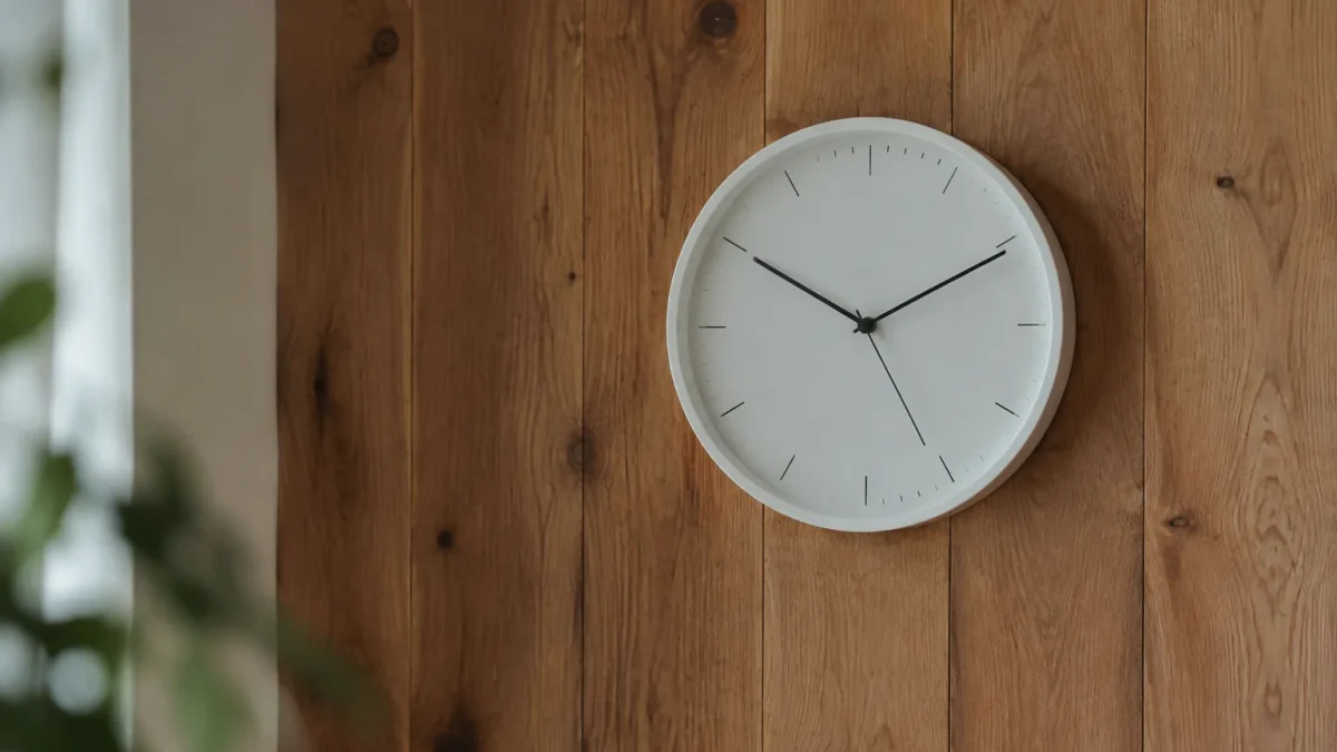 Horloge murale blanche posée sur un mur en bois