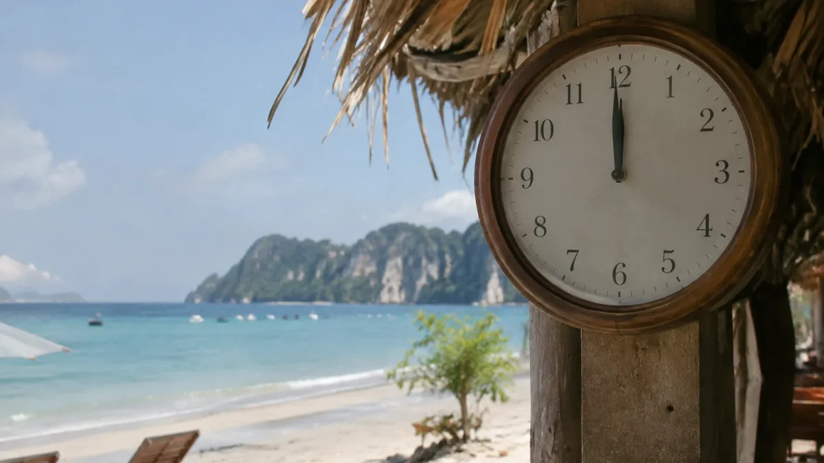 Une horloge murale affiche midi devant une plage thailandaise