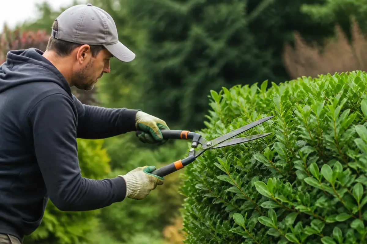 Jardinier en gants taille un buisson vert au jardin