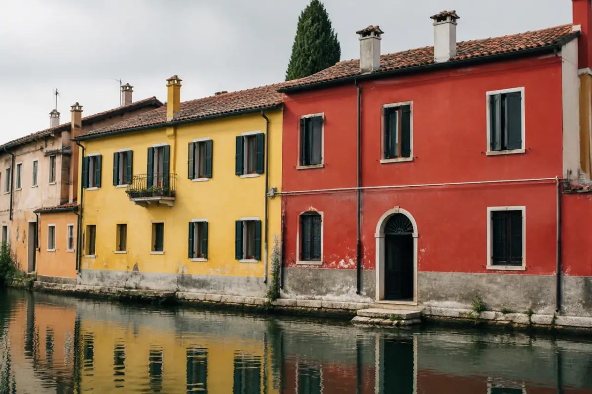 Maisons jaunes et rouges au bord du canal