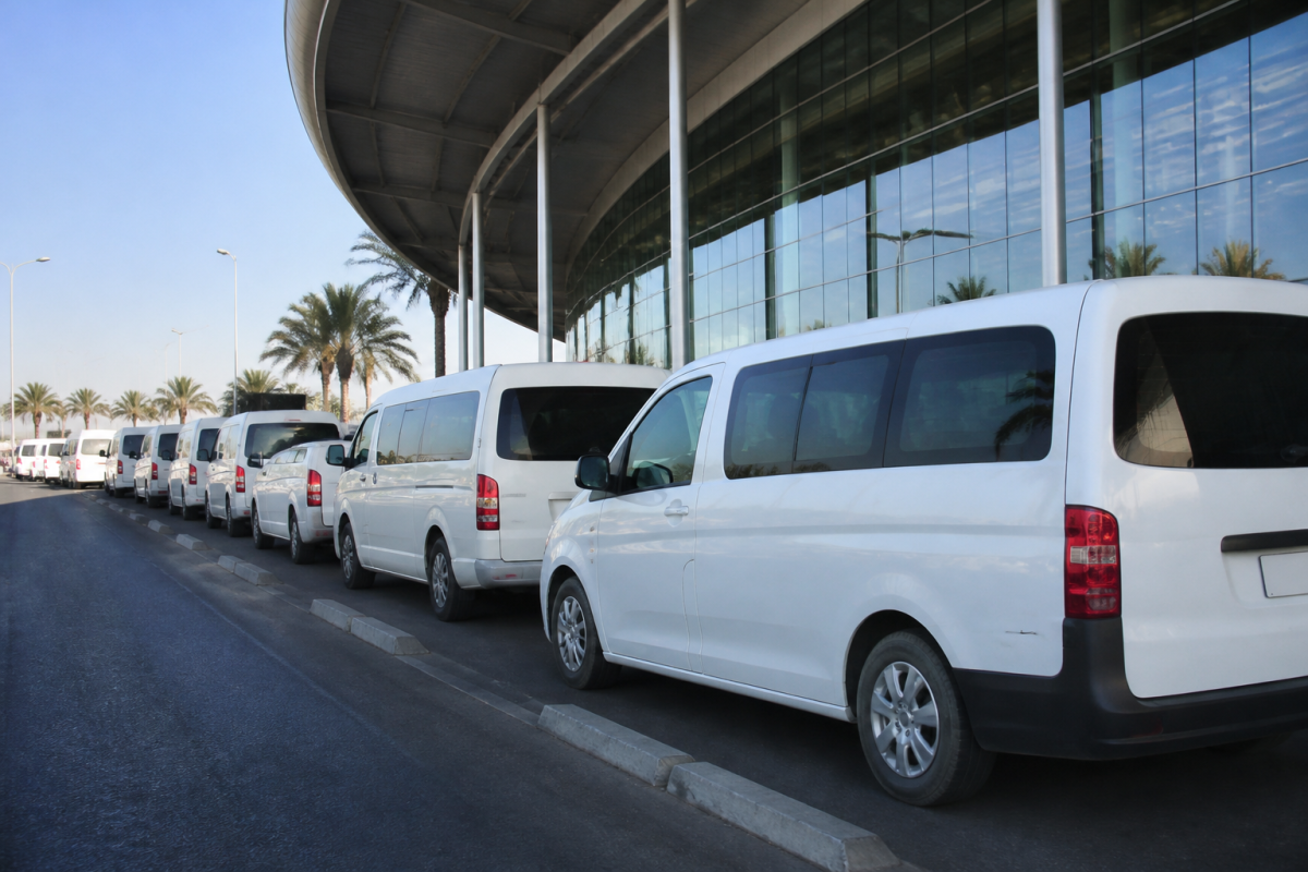 Minibus blancs alignes devant un terminal vitre ensoleille
