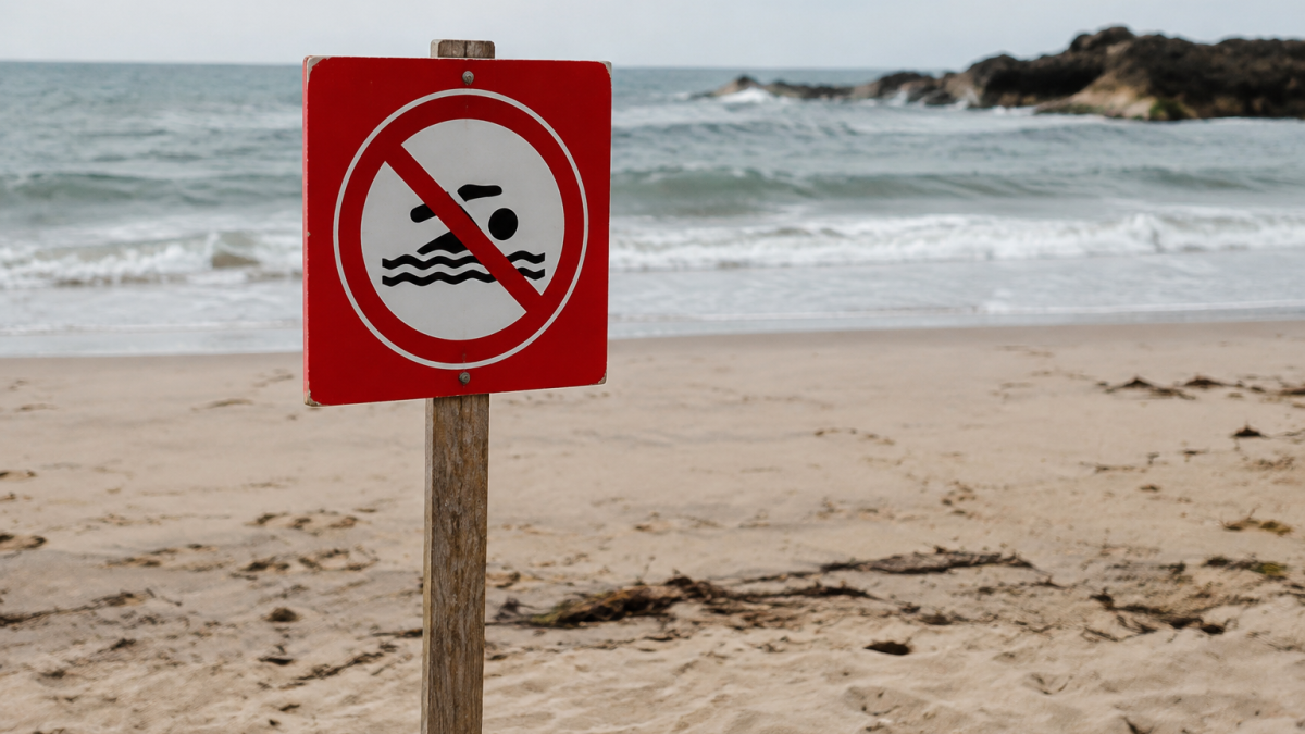 Panneau rouge baignade interdite plante dans le sable