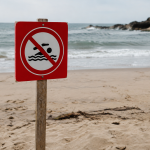 Panneau rouge baignade interdite plante dans le sable
