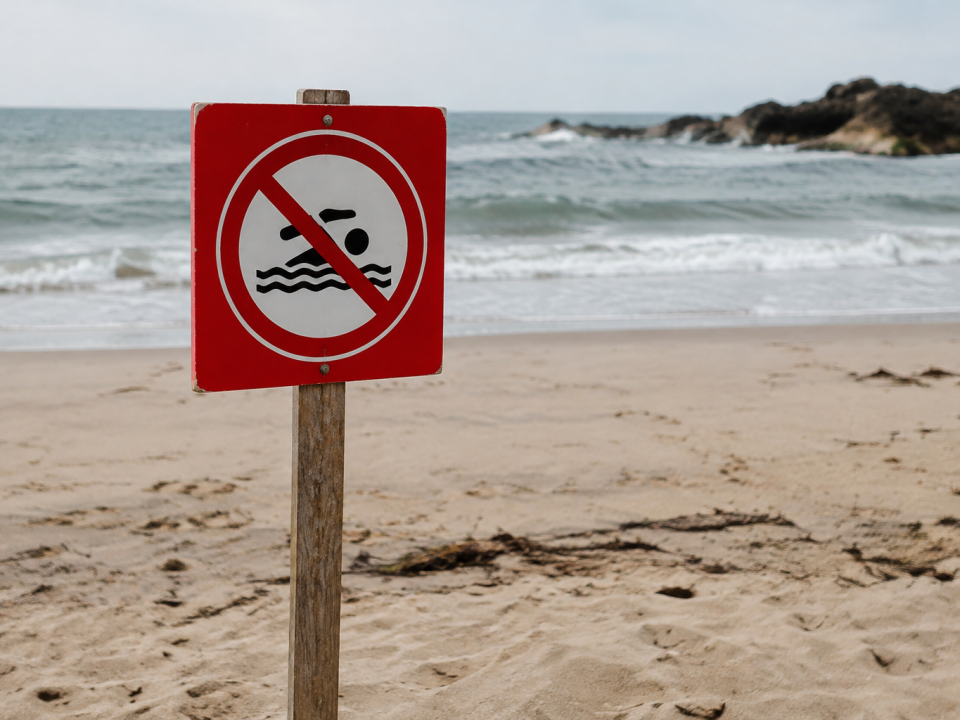 Panneau rouge baignade interdite plante dans le sable