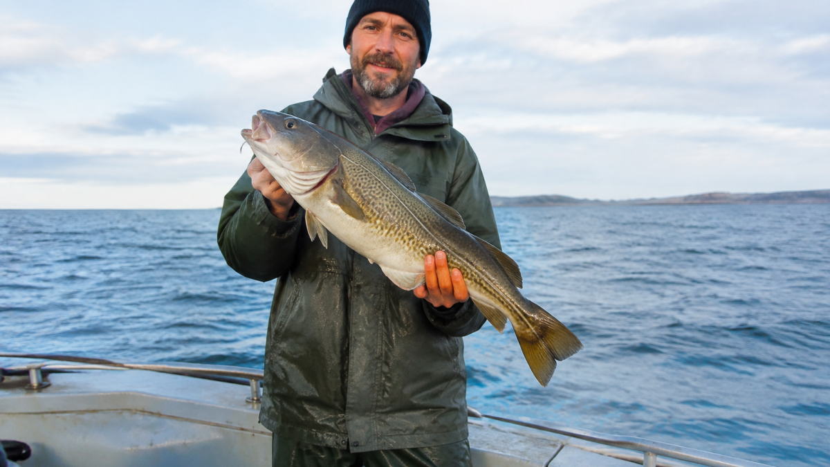 pecheur debout sur bateau tenant un poisson