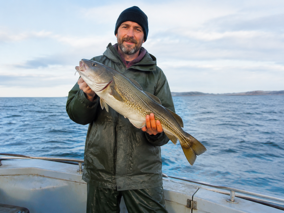 pecheur debout sur bateau tenant un poisson