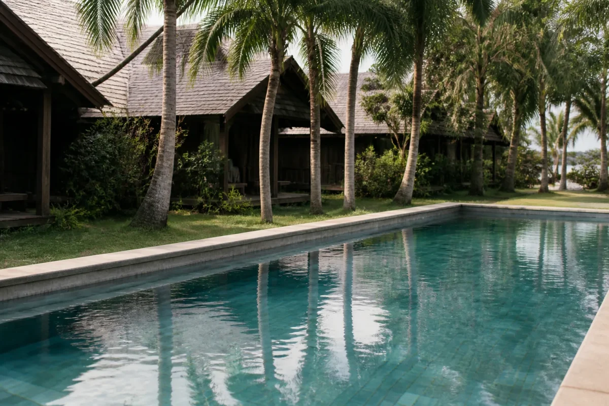 Piscine bordee de palmiers devant bungalows en bois