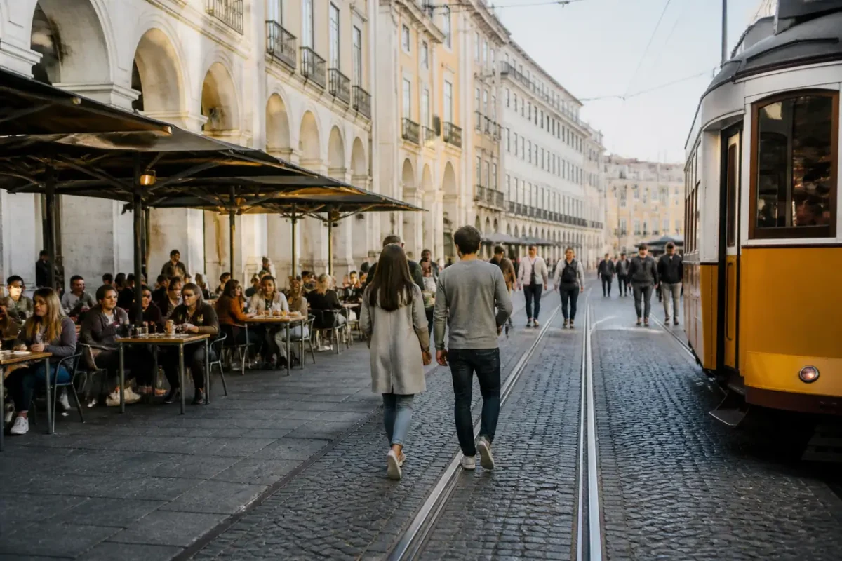 Place pavee animee avec cafes historiques et tramway jaune