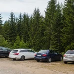 Quatre voitures alignees devant une foret de sapins