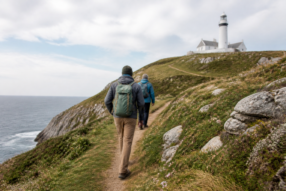 Randonneurs sur sentier montant vers phare blanc