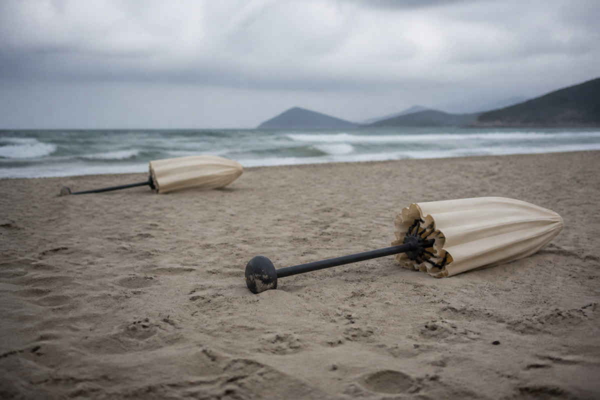 Sable gris balayé par le vent, parasols couchés