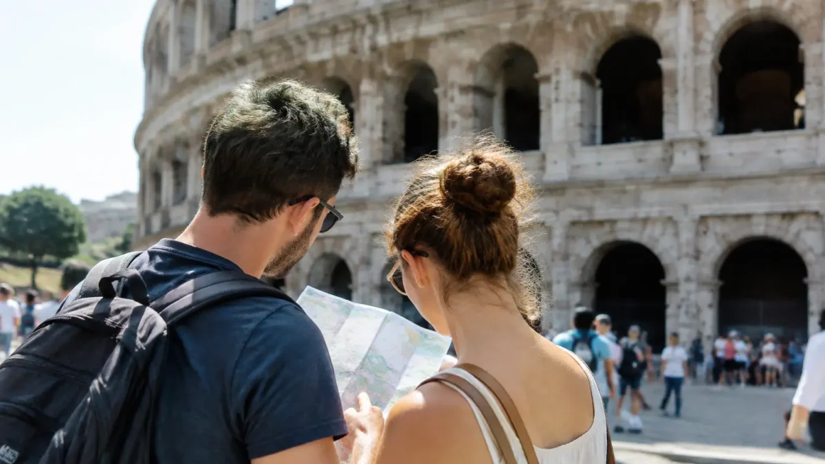 Touristes debout devant le Colisee tenant un plan
