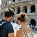 Touristes debout devant le Colisee tenant un plan
