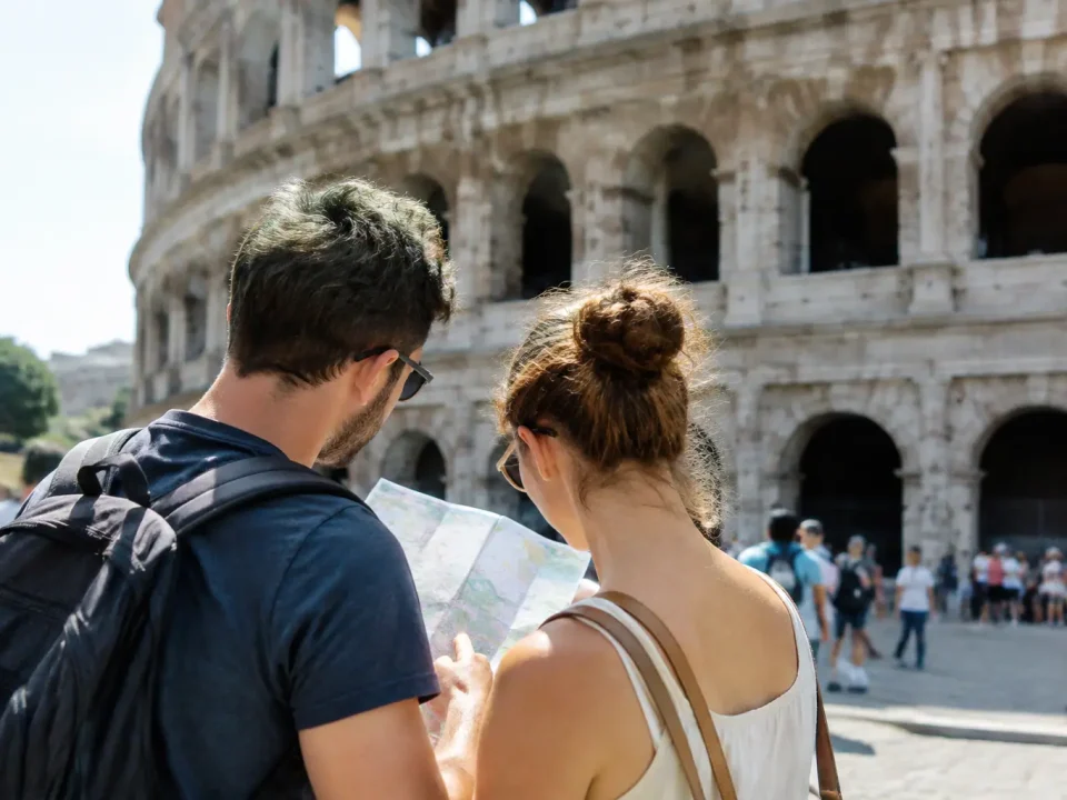 Touristes debout devant le Colisee tenant un plan