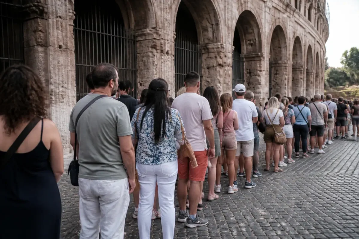 Touristes en file devant les arches du Colisee