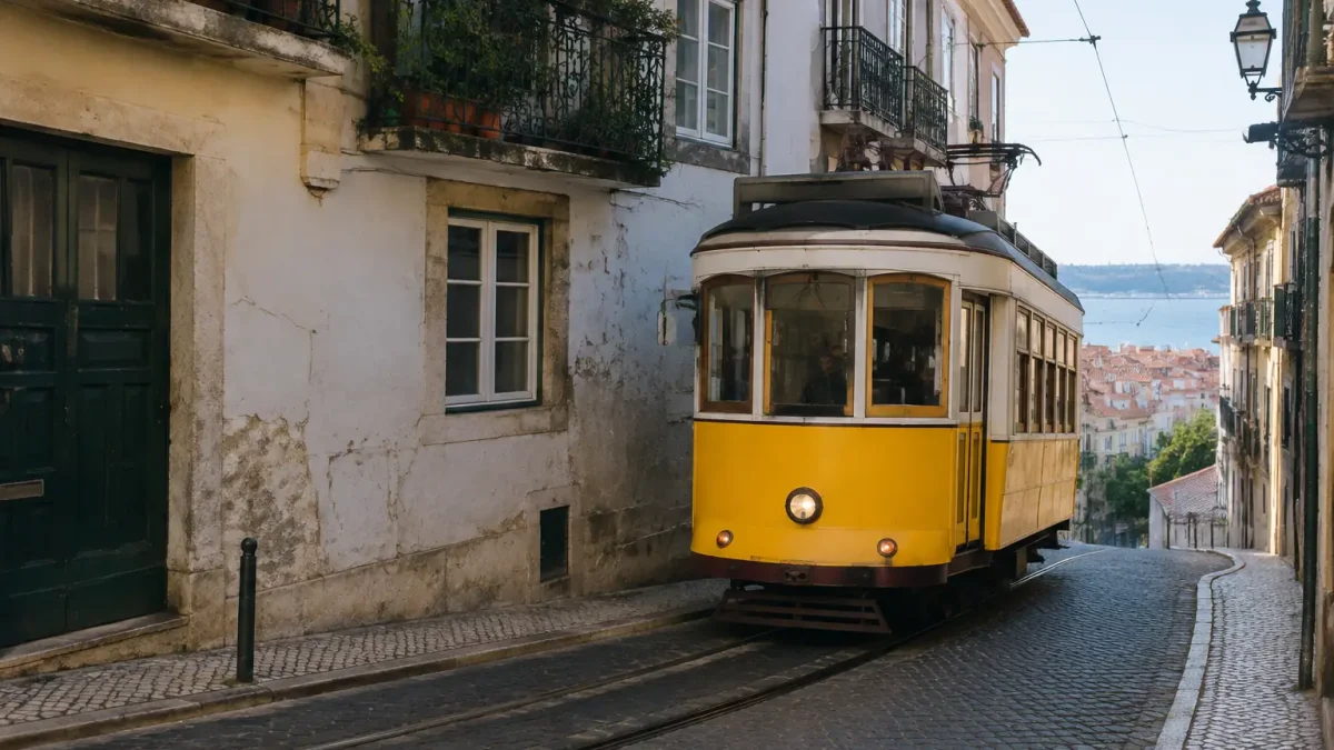 Tram jaune traversant une rue pavee du quartier Alfama