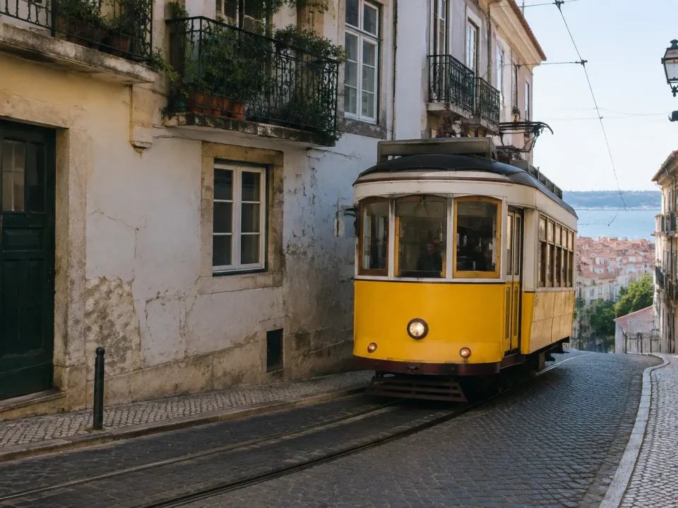 Tram jaune traversant une rue pavee du quartier Alfama