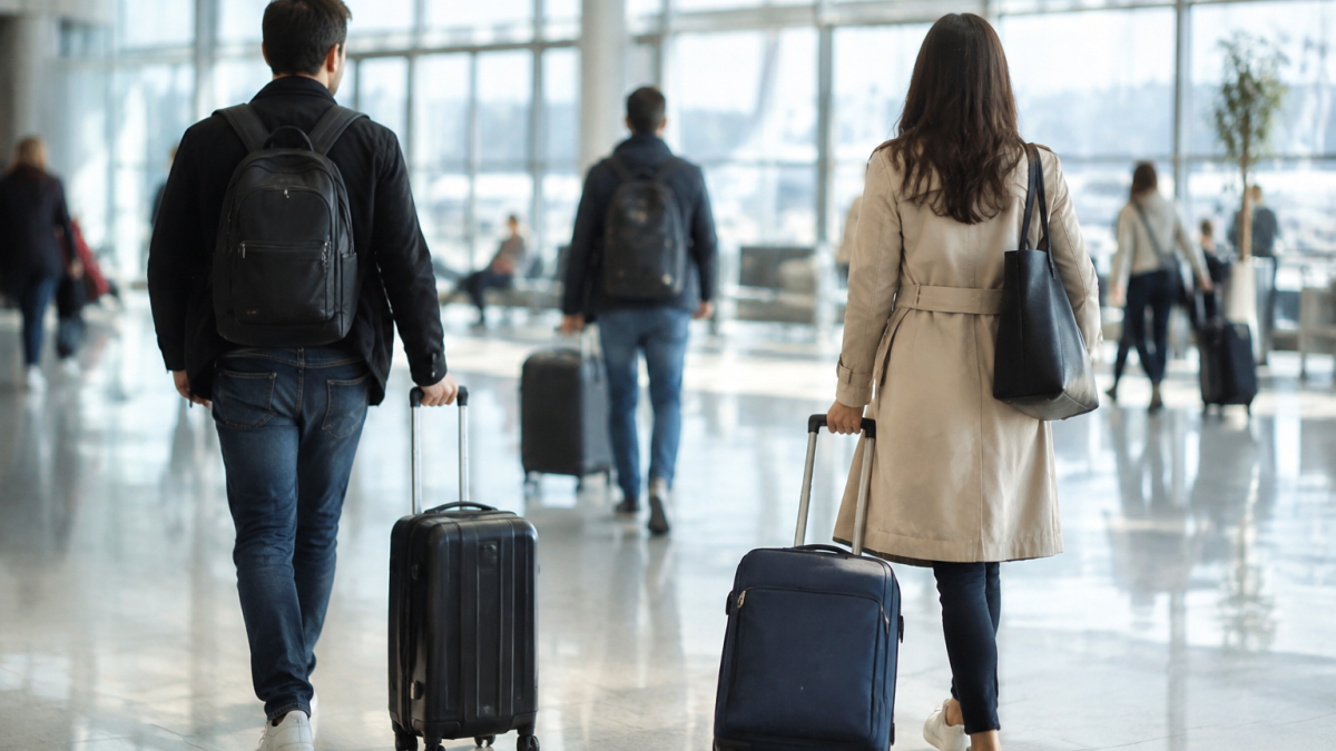 Voyageurs tirant des valises dans un hall lumineux