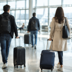Voyageurs tirant des valises dans un hall lumineux