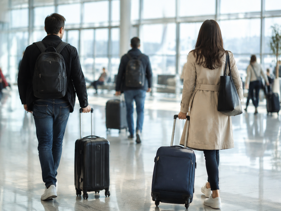 Voyageurs tirant des valises dans un hall lumineux